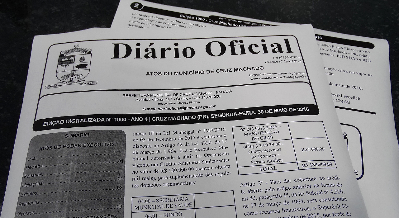Diário Oficial de Cruz Machado completa 1.000 edições